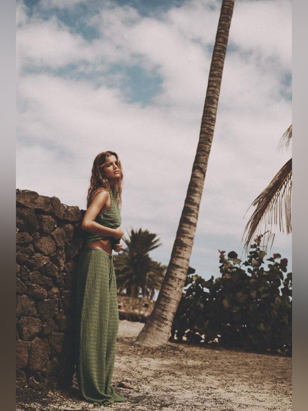 Zara Olive Textured Halter Top & Wide-Leg Pants Set